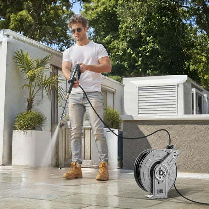 Pressure Washer Hose Reel, 65 ft x 1/4 inch Retractable Power Heavy-Duty Steel Washer Hose Reel, 3200PSI Max, Auto-Rewinding, Flexible Wall/Floor Mounted for Car Washing,Garden,Floor Cleaning