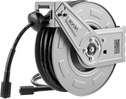 Pressure Washer Hose Reel, 65 ft x 1/4 inch Retractable Power Heavy-Duty Steel Washer Hose Reel, 3200PSI Max, Auto-Rewinding, Flexible Wall/Floor Mounted for Car Washing,Garden,Floor Cleaning