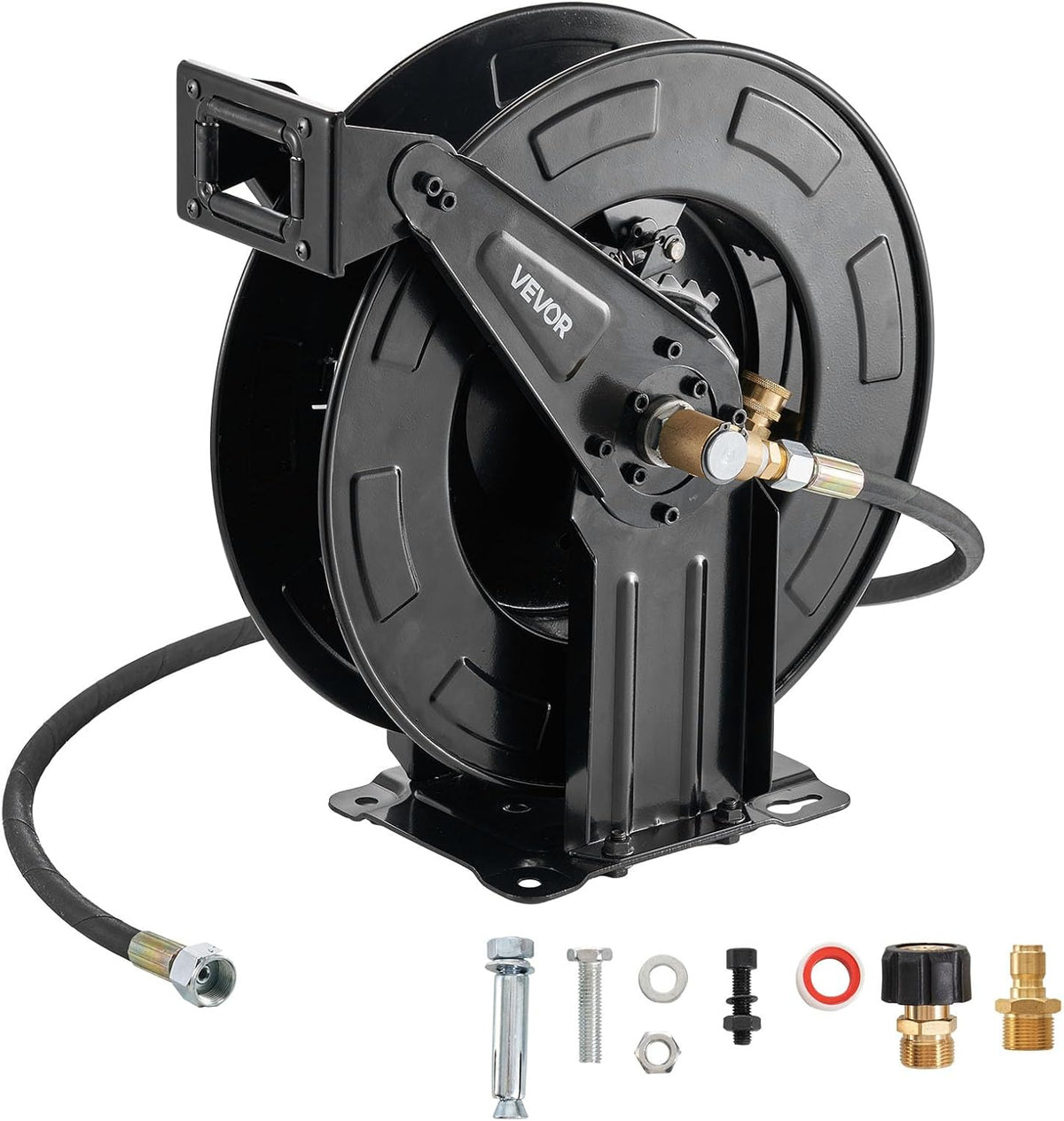 Pressure Washer Hose Reel, 65 ft x 1/4 inch Retractable Power Heavy-Duty Steel Washer Hose Reel, 3200PSI Max, Auto-Rewinding, Flexible Wall/Floor Mounted for Car Washing,Garden,Floor Cleaning
