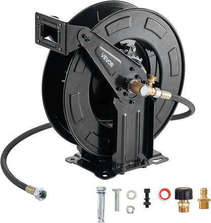 Pressure Washer Hose Reel, 65 ft x 1/4 inch Retractable Power Heavy-Duty Steel Washer Hose Reel, 3200PSI Max, Auto-Rewinding, Flexible Wall/Floor Mounted for Car Washing,Garden,Floor Cleaning