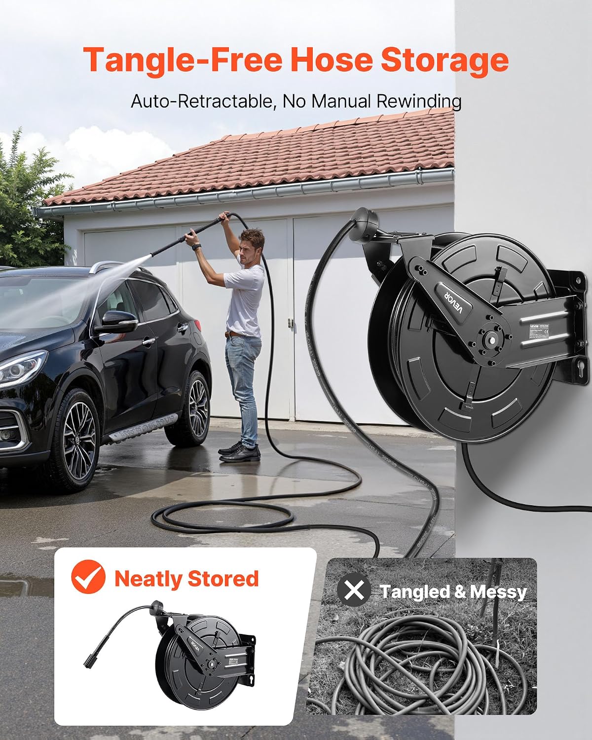 Pressure Washer Hose Reel, 65 ft x 1/4 inch Retractable Power Heavy-Duty Steel Washer Hose Reel, 3200PSI Max, Auto-Rewinding, Flexible Wall/Floor Mounted for Car Washing,Garden,Floor Cleaning