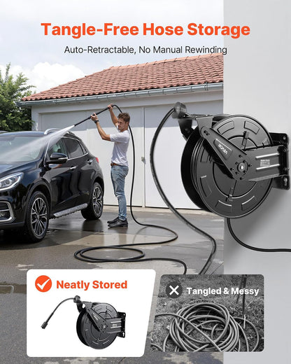 Pressure Washer Hose Reel, 65 ft x 1/4 inch Retractable Power Heavy-Duty Steel Washer Hose Reel, 3200PSI Max, Auto-Rewinding, Flexible Wall/Floor Mounted for Car Washing,Garden,Floor Cleaning