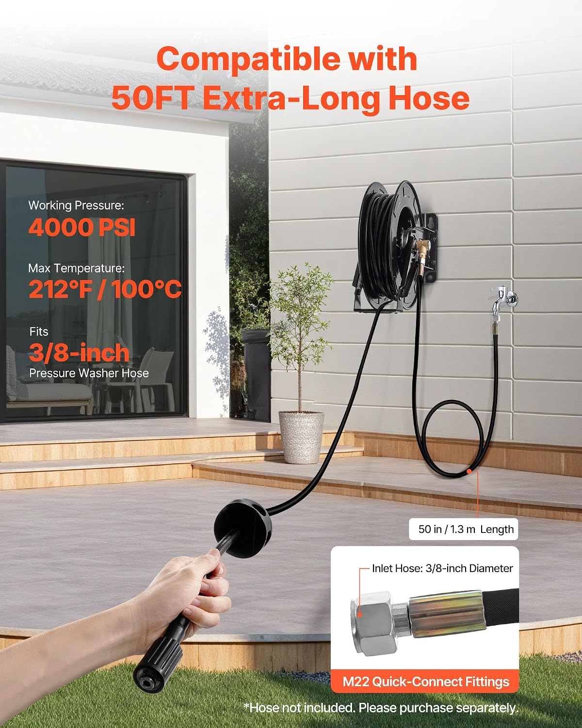 Pressure Washer Hose Reel, 65 ft x 1/4 inch Retractable Power Heavy-Duty Steel Washer Hose Reel, 3200PSI Max, Auto-Rewinding, Flexible Wall/Floor Mounted for Car Washing,Garden,Floor Cleaning
