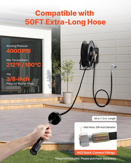 Pressure Washer Hose Reel, 65 ft x 1/4 inch Retractable Power Heavy-Duty Steel Washer Hose Reel, 3200PSI Max, Auto-Rewinding, Flexible Wall/Floor Mounted for Car Washing,Garden,Floor Cleaning