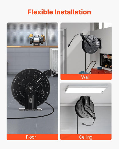 Pressure Washer Hose Reel, 65 ft x 1/4 inch Retractable Power Heavy-Duty Steel Washer Hose Reel, 3200PSI Max, Auto-Rewinding, Flexible Wall/Floor Mounted for Car Washing,Garden,Floor Cleaning