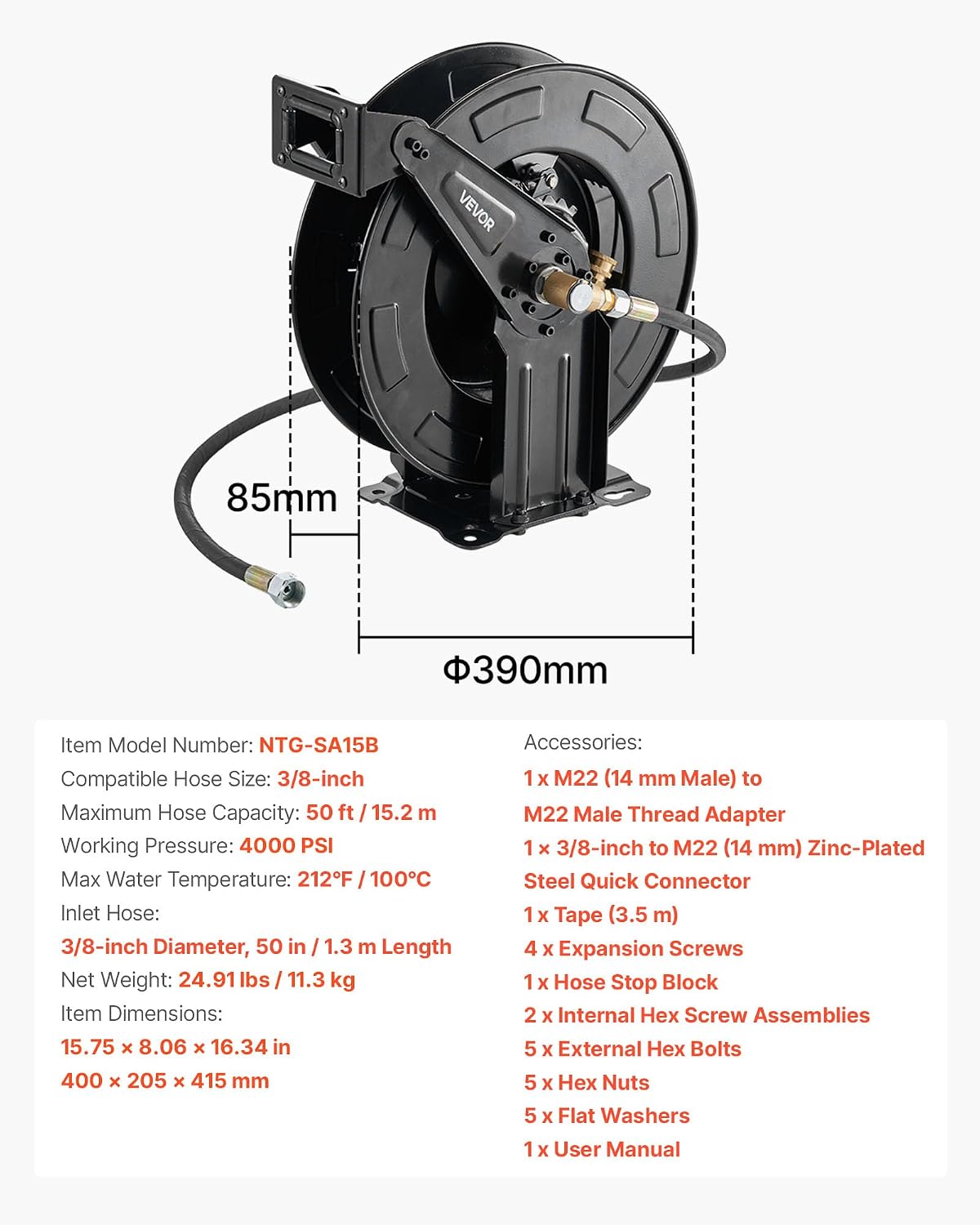 Pressure Washer Hose Reel, 65 ft x 1/4 inch Retractable Power Heavy-Duty Steel Washer Hose Reel, 3200PSI Max, Auto-Rewinding, Flexible Wall/Floor Mounted for Car Washing,Garden,Floor Cleaning