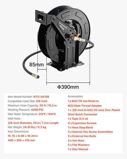 Pressure Washer Hose Reel, 65 ft x 1/4 inch Retractable Power Heavy-Duty Steel Washer Hose Reel, 3200PSI Max, Auto-Rewinding, Flexible Wall/Floor Mounted for Car Washing,Garden,Floor Cleaning