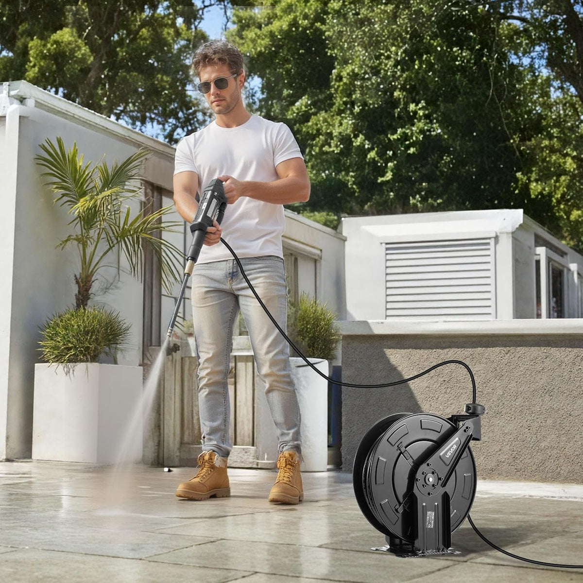 Pressure Washer Hose Reel, 65 ft x 1/4 inch Retractable Power Heavy-Duty Steel Washer Hose Reel, 3200PSI Max, Auto-Rewinding, Flexible Wall/Floor Mounted for Car Washing,Garden,Floor Cleaning