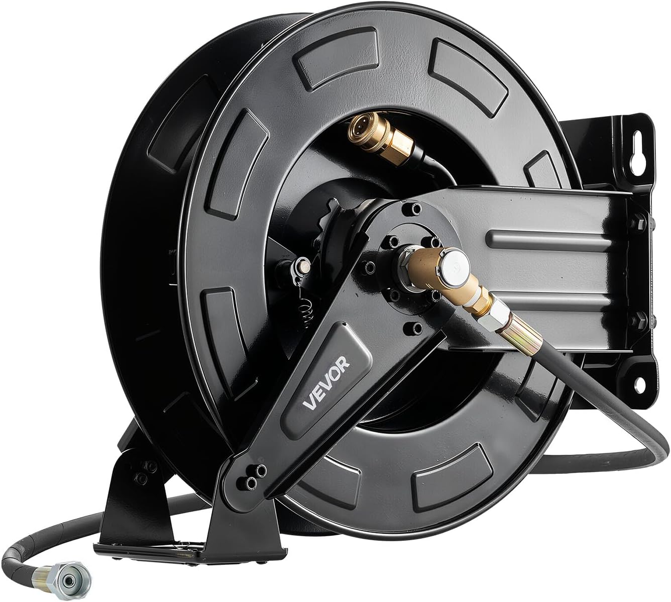 Pressure Washer Hose Reel, 65 ft x 1/4 inch Retractable Power Heavy-Duty Steel Washer Hose Reel, 3200PSI Max, Auto-Rewinding, Flexible Wall/Floor Mounted for Car Washing,Garden,Floor Cleaning