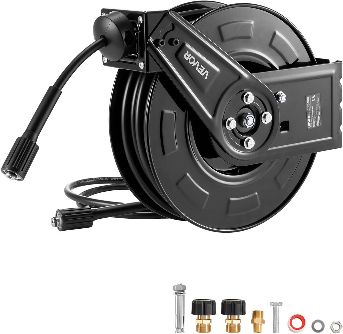 Pressure Washer Hose Reel, 65 ft x 1/4 inch Retractable Power Heavy-Duty Steel Washer Hose Reel, 3200PSI Max, Auto-Rewinding, Flexible Wall/Floor Mounted for Car Washing,Garden,Floor Cleaning
