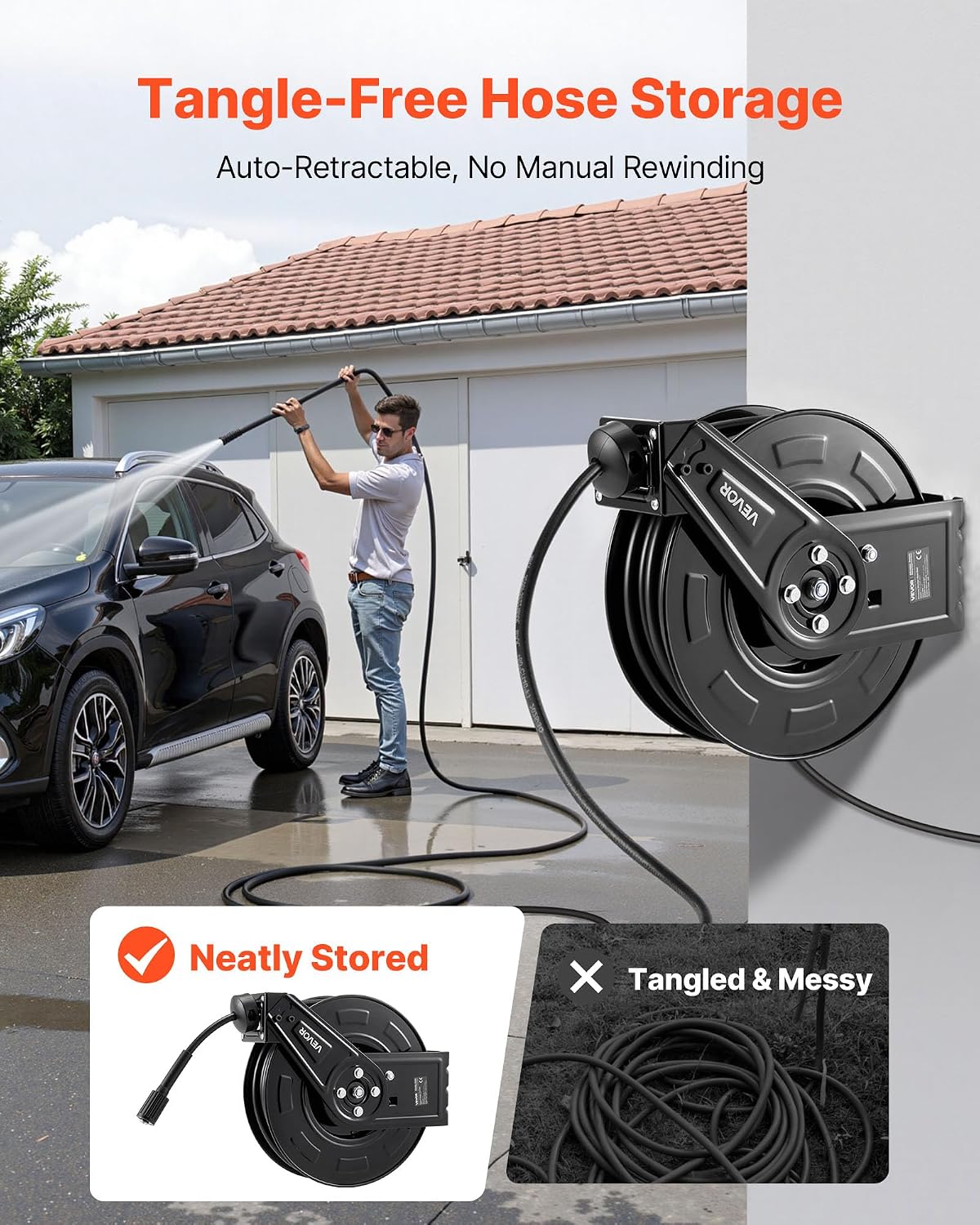 Pressure Washer Hose Reel, 65 ft x 1/4 inch Retractable Power Heavy-Duty Steel Washer Hose Reel, 3200PSI Max, Auto-Rewinding, Flexible Wall/Floor Mounted for Car Washing,Garden,Floor Cleaning