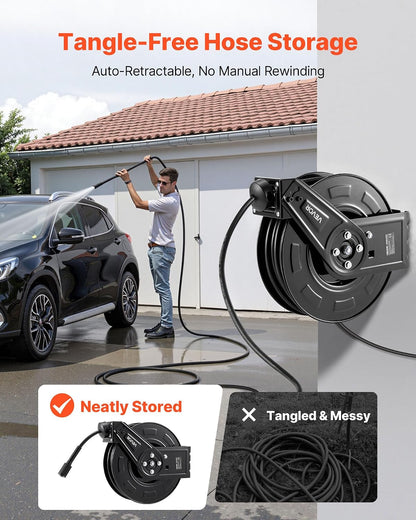 Pressure Washer Hose Reel, 65 ft x 1/4 inch Retractable Power Heavy-Duty Steel Washer Hose Reel, 3200PSI Max, Auto-Rewinding, Flexible Wall/Floor Mounted for Car Washing,Garden,Floor Cleaning