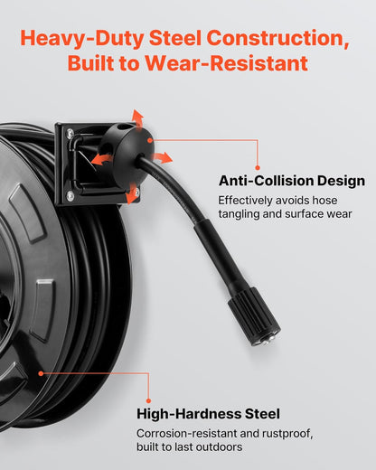 Pressure Washer Hose Reel, 65 ft x 1/4 inch Retractable Power Heavy-Duty Steel Washer Hose Reel, 3200PSI Max, Auto-Rewinding, Flexible Wall/Floor Mounted for Car Washing,Garden,Floor Cleaning