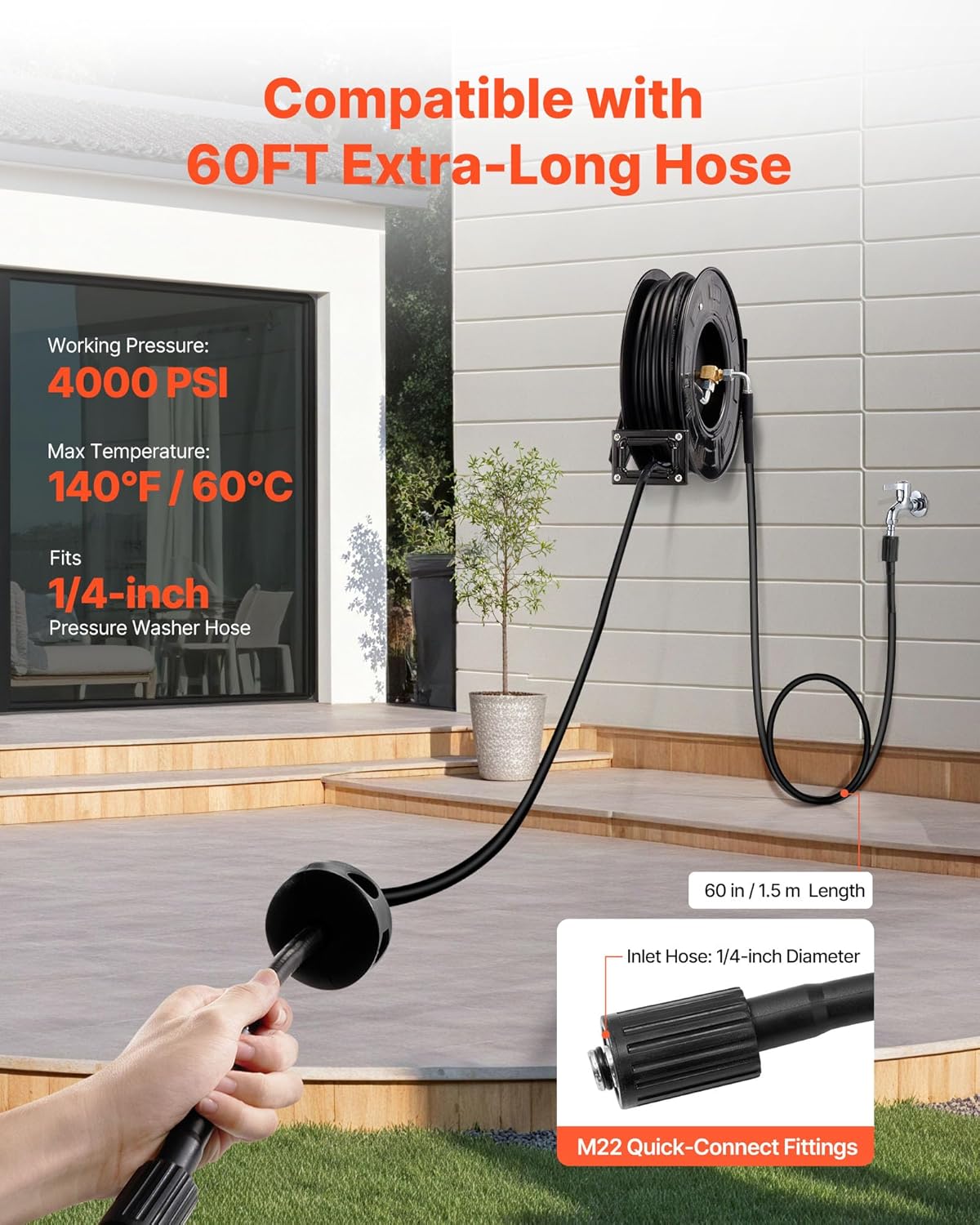 Pressure Washer Hose Reel, 65 ft x 1/4 inch Retractable Power Heavy-Duty Steel Washer Hose Reel, 3200PSI Max, Auto-Rewinding, Flexible Wall/Floor Mounted for Car Washing,Garden,Floor Cleaning