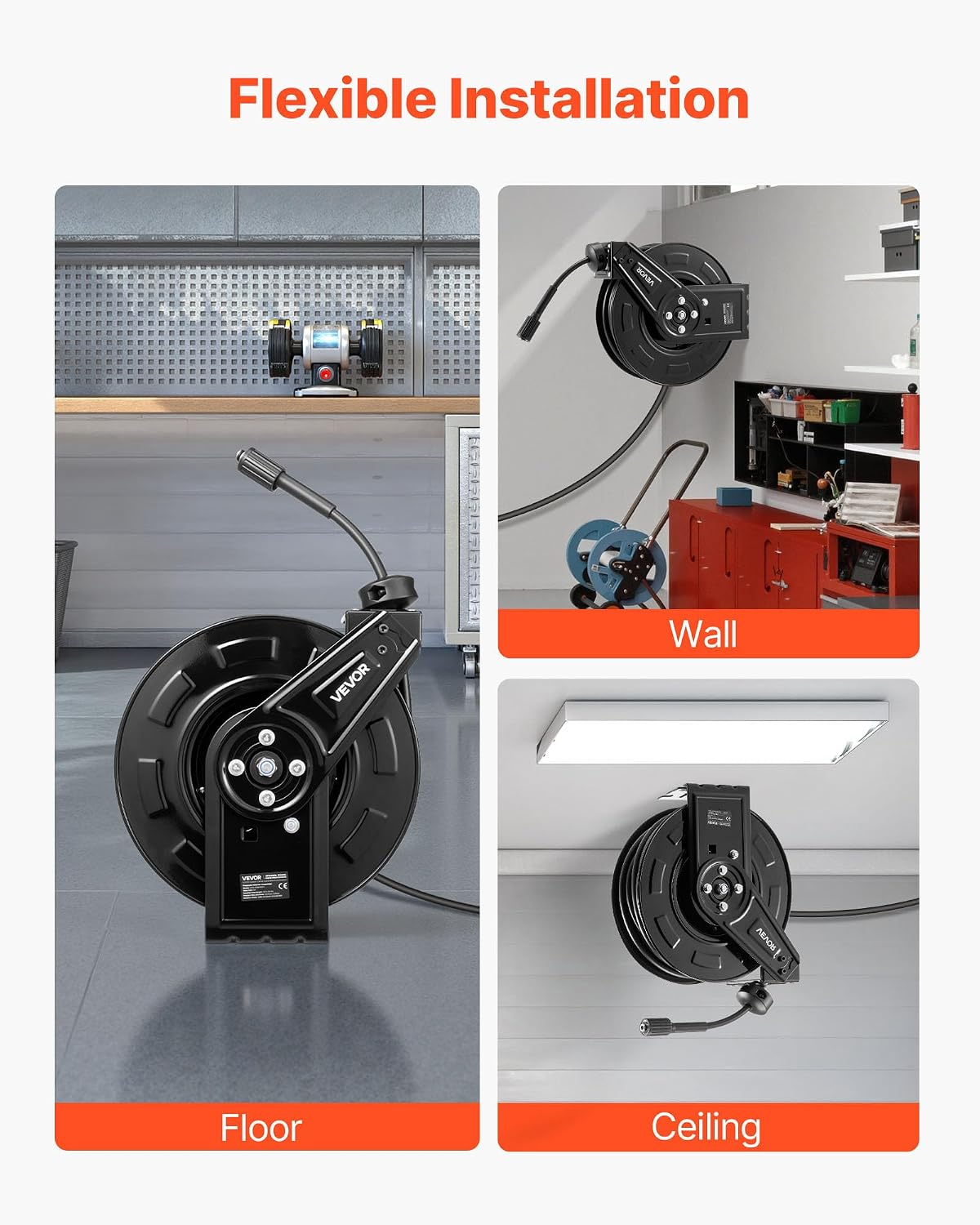 Pressure Washer Hose Reel, 65 ft x 1/4 inch Retractable Power Heavy-Duty Steel Washer Hose Reel, 3200PSI Max, Auto-Rewinding, Flexible Wall/Floor Mounted for Car Washing,Garden,Floor Cleaning