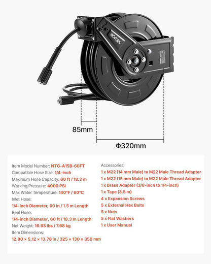 Pressure Washer Hose Reel, 65 ft x 1/4 inch Retractable Power Heavy-Duty Steel Washer Hose Reel, 3200PSI Max, Auto-Rewinding, Flexible Wall/Floor Mounted for Car Washing,Garden,Floor Cleaning