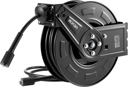 Pressure Washer Hose Reel, 65 ft x 1/4 inch Retractable Power Heavy-Duty Steel Washer Hose Reel, 3200PSI Max, Auto-Rewinding, Flexible Wall/Floor Mounted for Car Washing,Garden,Floor Cleaning