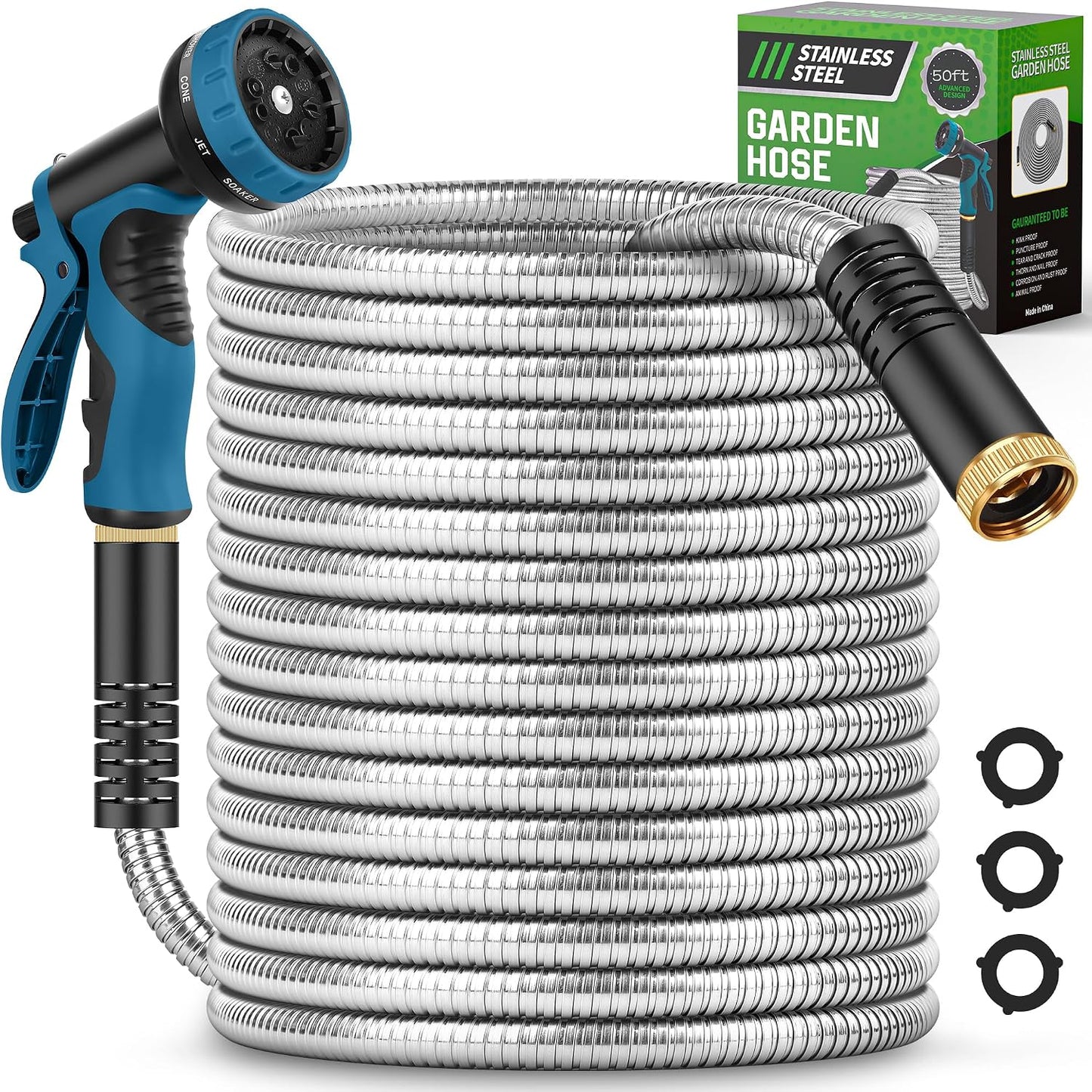 Metal Garden Hose 50FT with 10-Function Nozzle, No-Kink Water Hose