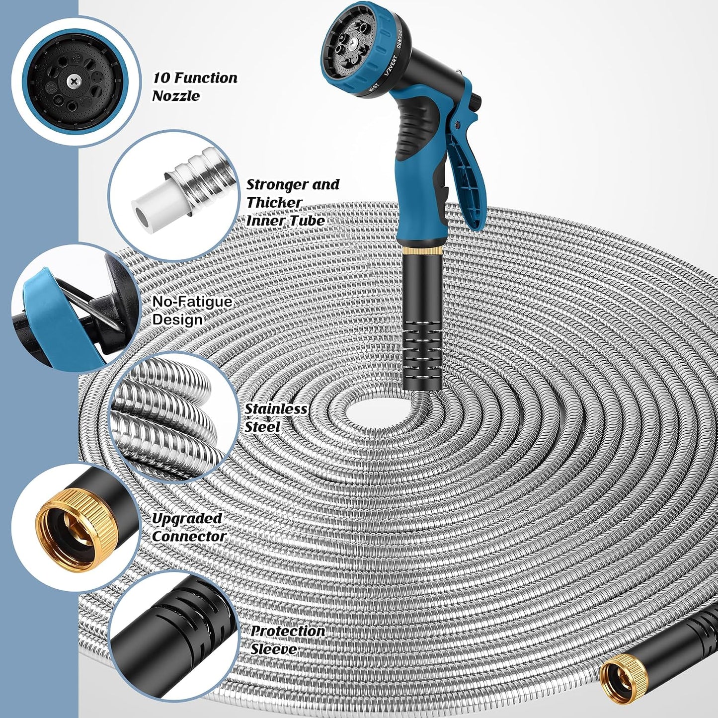 Metal Garden Hose 50FT with 10-Function Nozzle, No-Kink Water Hose