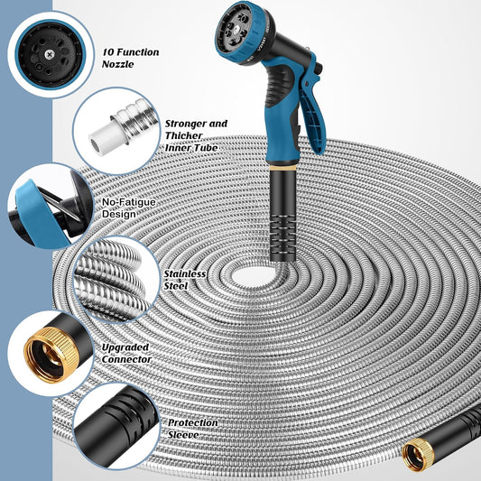 Metal Garden Hose 50FT with 10-Function Nozzle, No-Kink Water Hose