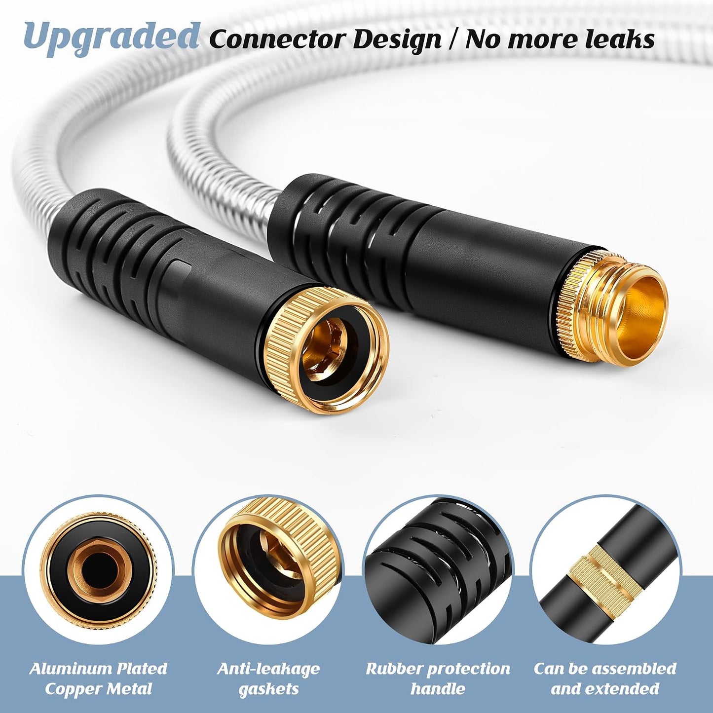Metal Garden Hose 50FT with 10-Function Nozzle, No-Kink Water Hose