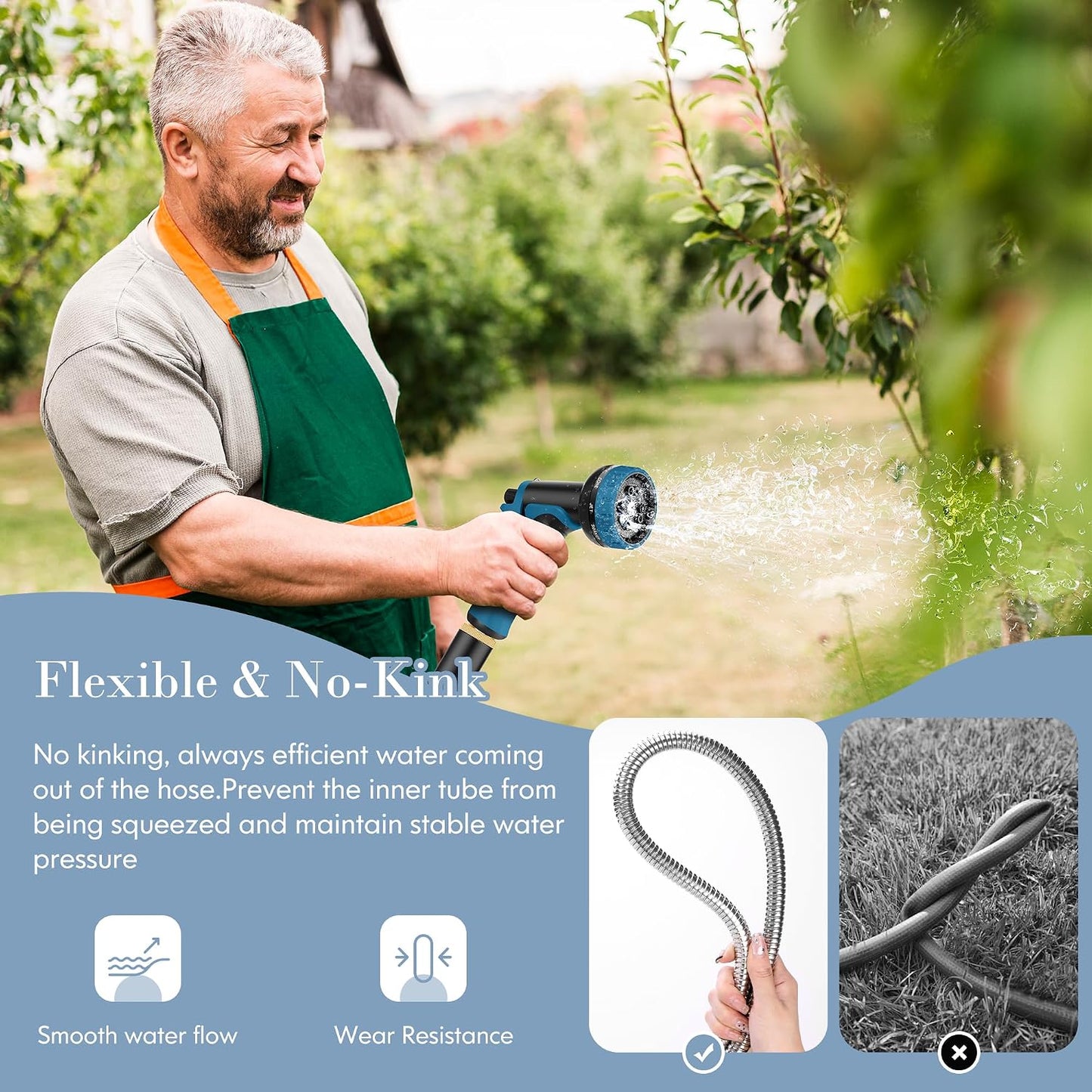Metal Garden Hose 50FT with 10-Function Nozzle, No-Kink Water Hose