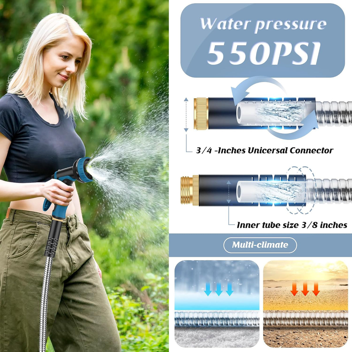 Metal Garden Hose 50FT with 10-Function Nozzle, No-Kink Water Hose