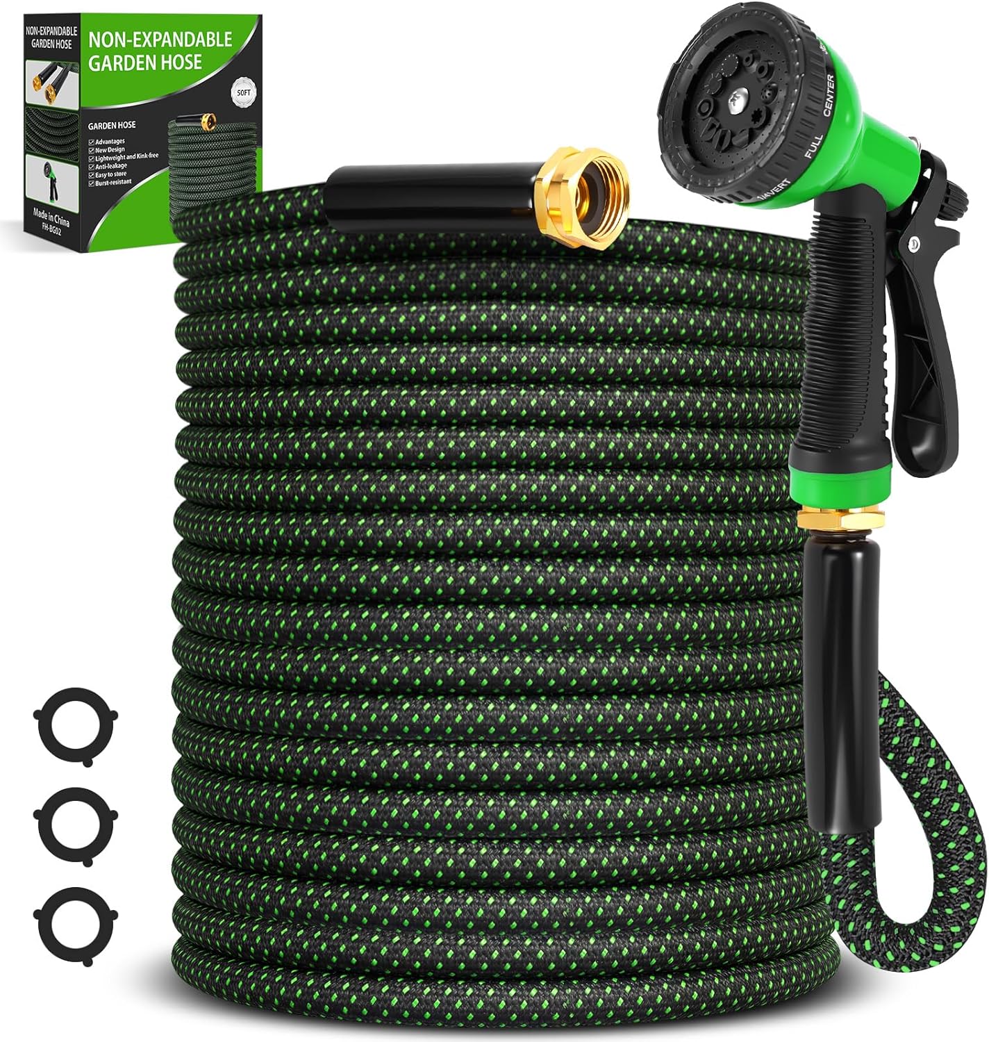 Metal Garden Hose 50FT with 10-Function Nozzle, No-Kink Water Hose