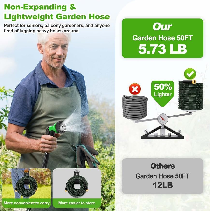 Metal Garden Hose 50FT with 10-Function Nozzle, No-Kink Water Hose