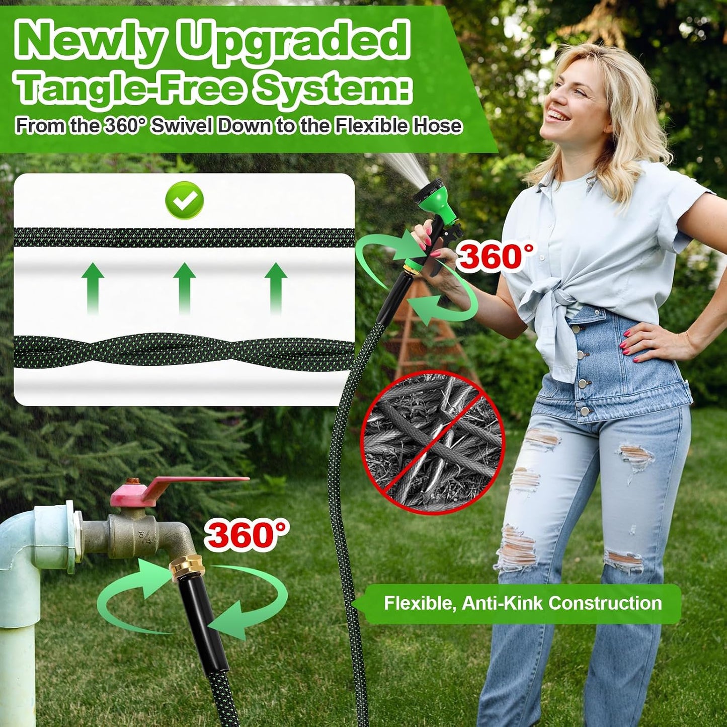 Metal Garden Hose 50FT with 10-Function Nozzle, No-Kink Water Hose