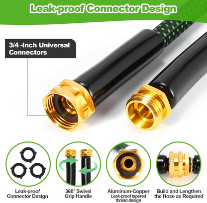 Metal Garden Hose 50FT with 10-Function Nozzle, No-Kink Water Hose