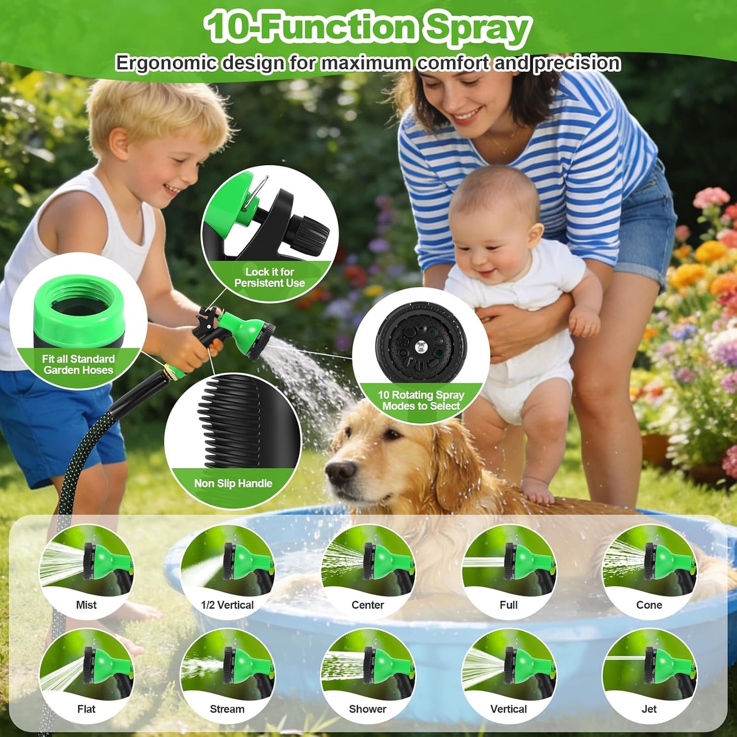 Metal Garden Hose 50FT with 10-Function Nozzle, No-Kink Water Hose