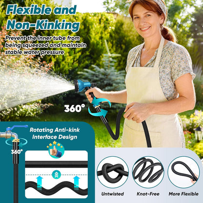 Metal Garden Hose 50FT with 10-Function Nozzle, No-Kink Water Hose
