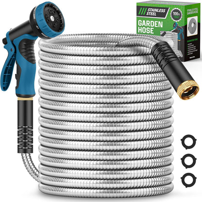 Metal Garden Hose 50FT with 10-Function Nozzle, No-Kink Water Hose