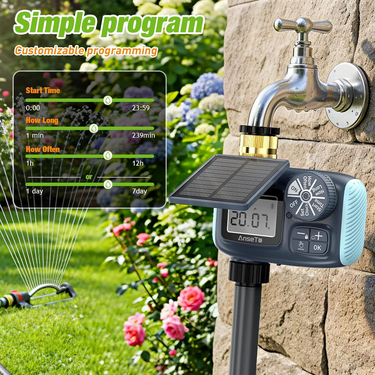 Solar Type-C Rechargeable Sprinkler Water Timer for Garden Hose Lawn