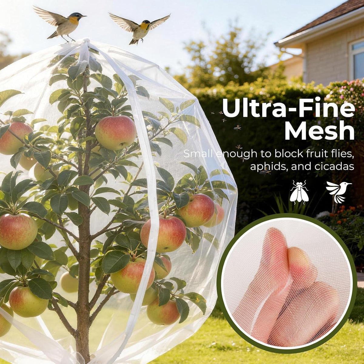 Fruit Tree Netting Cover with Zipper & Drawstring, 2 Packs 6ft x 6ft Insect Bird Barrier Netting for Garden Protection, Ultra Fine Mesh Garden Netting