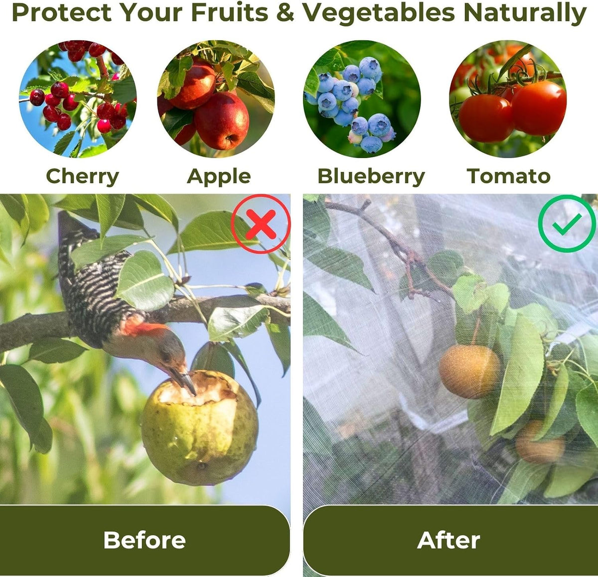 Fruit Tree Netting Cover with Zipper & Drawstring, 2 Packs 6ft x 6ft Insect Bird Barrier Netting for Garden Protection, Ultra Fine Mesh Garden Netting