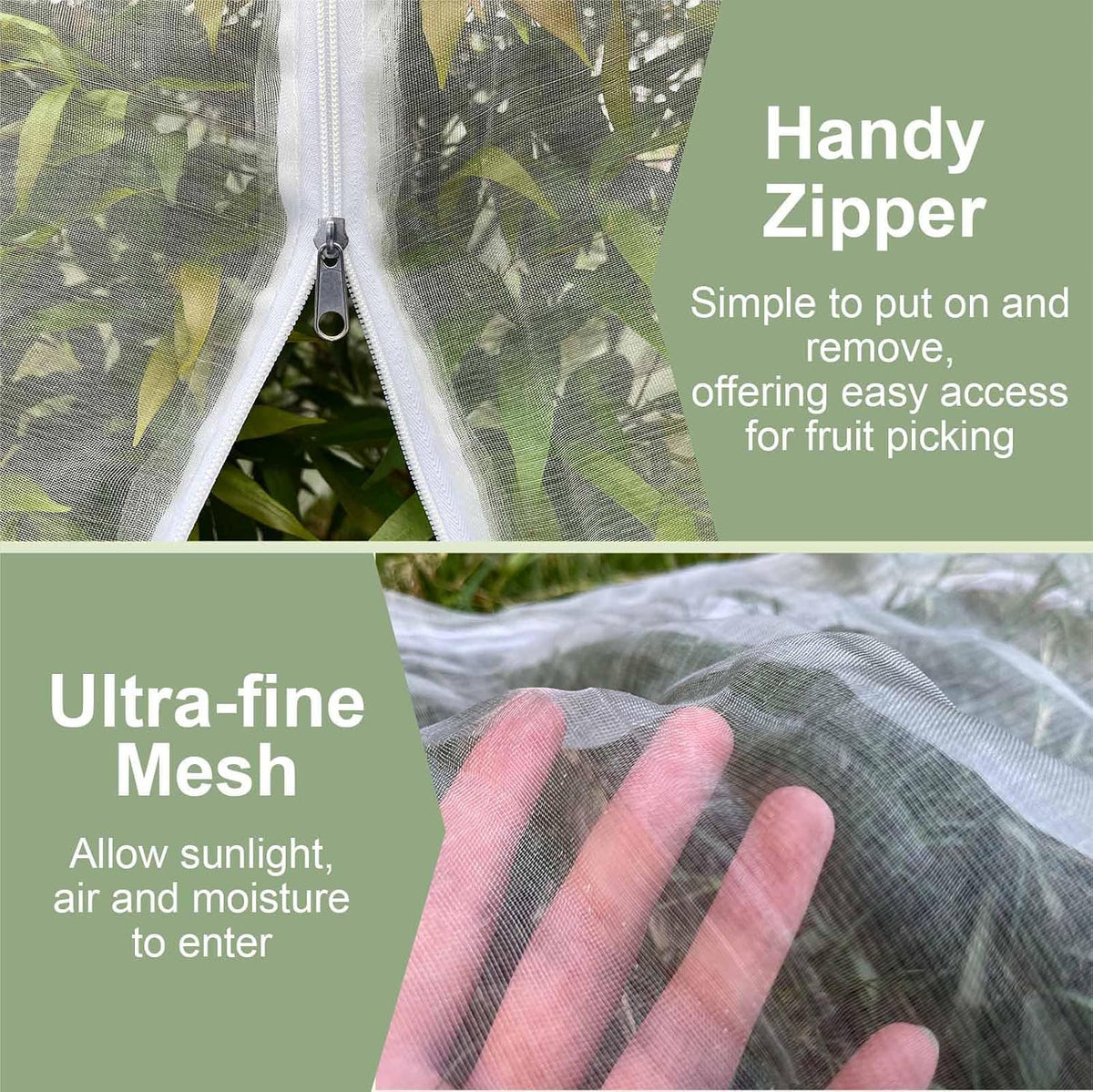 Fruit Tree Netting Cover with Zipper & Drawstring, 2 Packs 6ft x 6ft Insect Bird Barrier Netting for Garden Protection, Ultra Fine Mesh Garden Netting