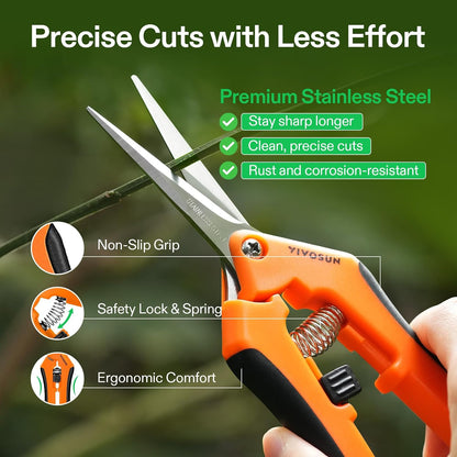 6.5 Inch Gardening Scissors Hand Pruner Pruning Shear with Straight Stainless Steel Blades Orange 1-Pack