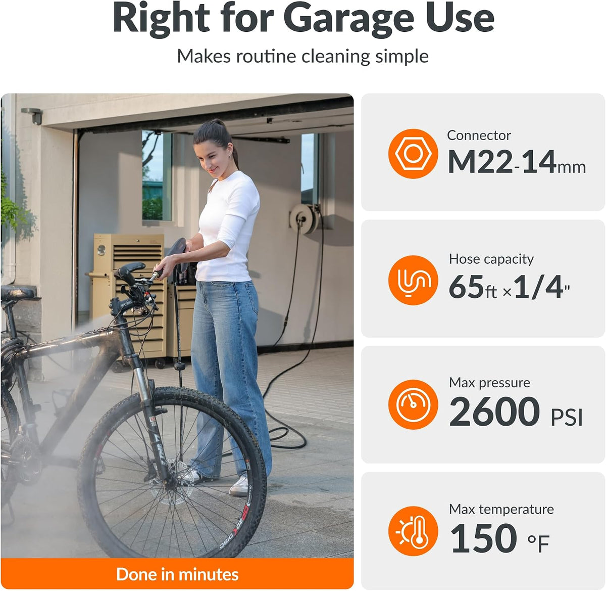 65ft Retractable Pressure Washer Hose Reel, 2600 PSI