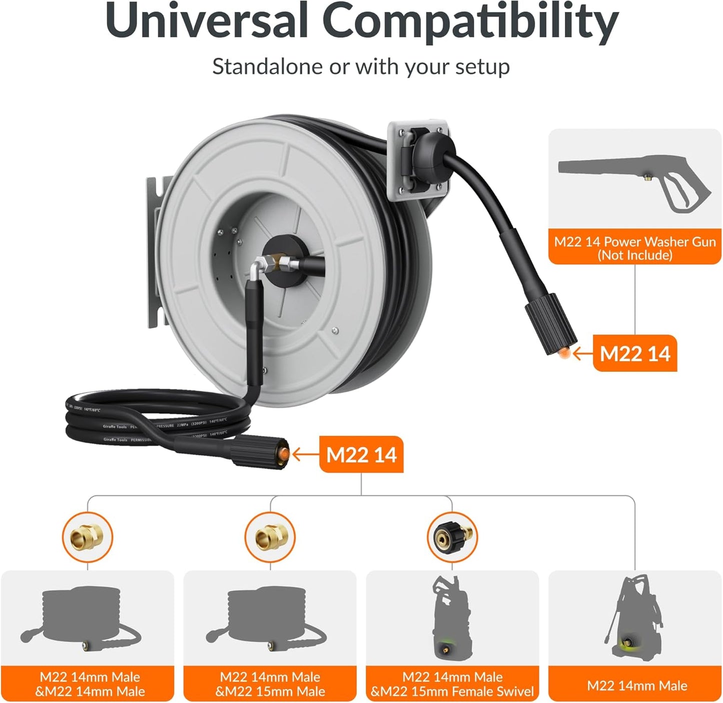 65ft Retractable Pressure Washer Hose Reel, 2600 PSI