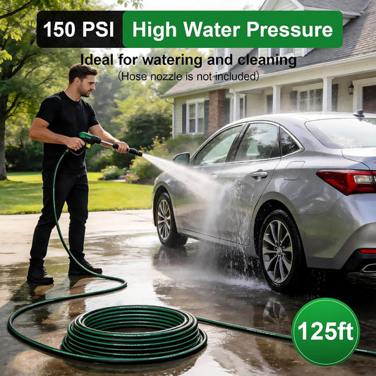 Garden Hose 125ft x 5/8" All-Weather Flexible Water Hose Lightweight, Durable, Kink-resistant, Heavy Duty Hybrid Polymer Hose, Male to Female Leak-Free Aluminum Connections, Burst 600 PSI.
