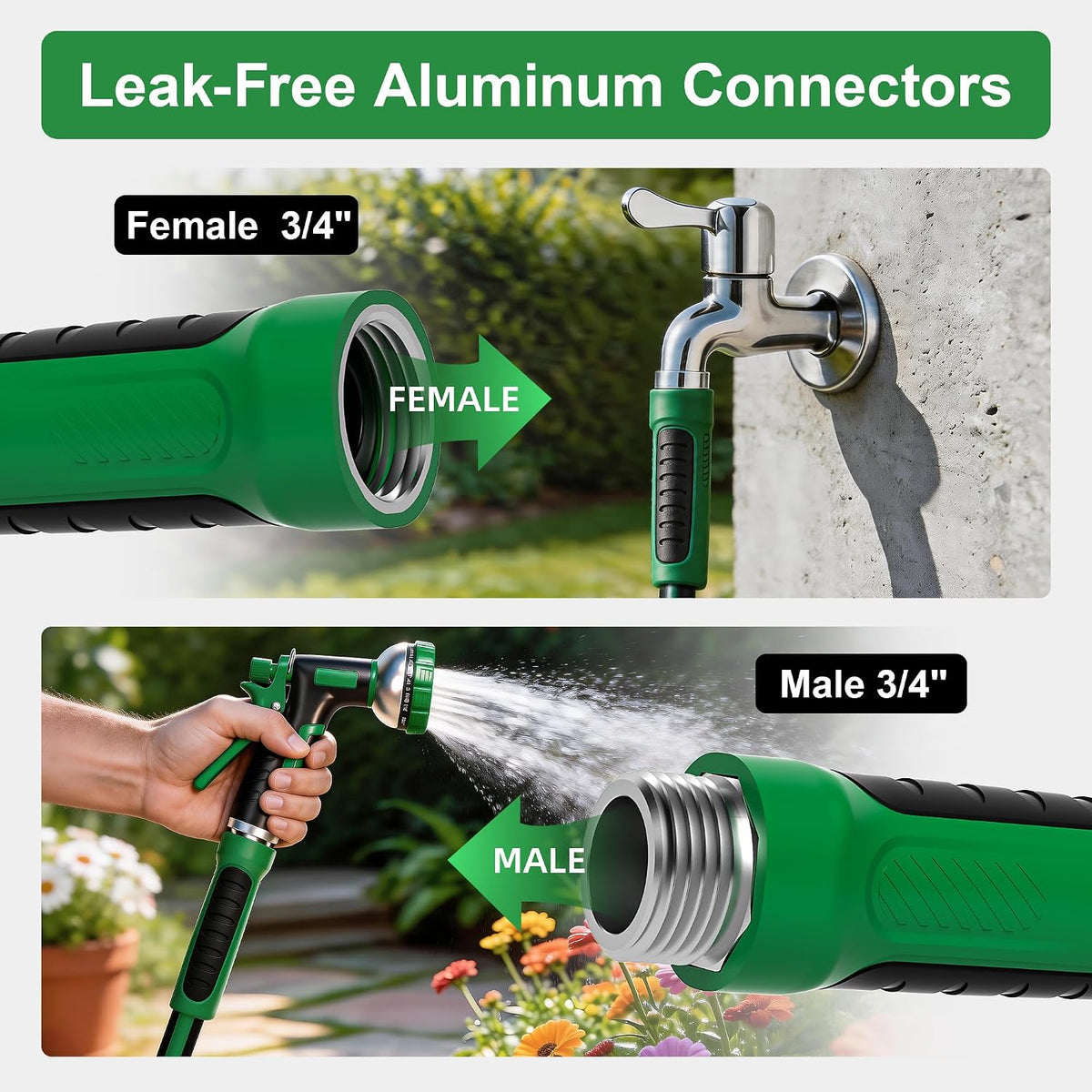 Garden Hose 125ft x 5/8" All-Weather Flexible Water Hose Lightweight, Durable, Kink-resistant, Heavy Duty Hybrid Polymer Hose, Male to Female Leak-Free Aluminum Connections, Burst 600 PSI.