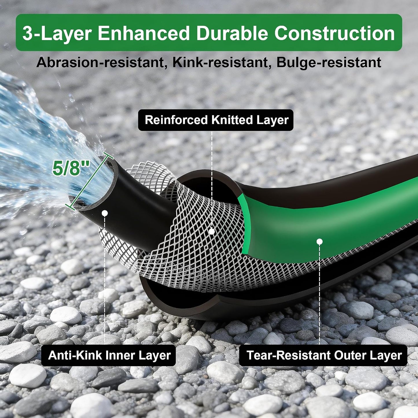 Garden Hose 125ft x 5/8" All-Weather Flexible Water Hose Lightweight, Durable, Kink-resistant, Heavy Duty Hybrid Polymer Hose, Male to Female Leak-Free Aluminum Connections, Burst 600 PSI.
