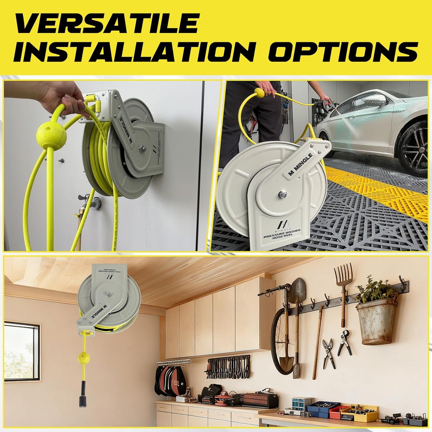 Retractable Pressure Washer Hose Reel, 1/4" × 60ft Power Washer Hose Reel, Auto Rewind Hose Reel, Wall/Floor Mounted, 3600 PSI