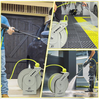 Retractable Pressure Washer Hose Reel, 1/4" × 60ft Power Washer Hose Reel, Auto Rewind Hose Reel, Wall/Floor Mounted, 3600 PSI