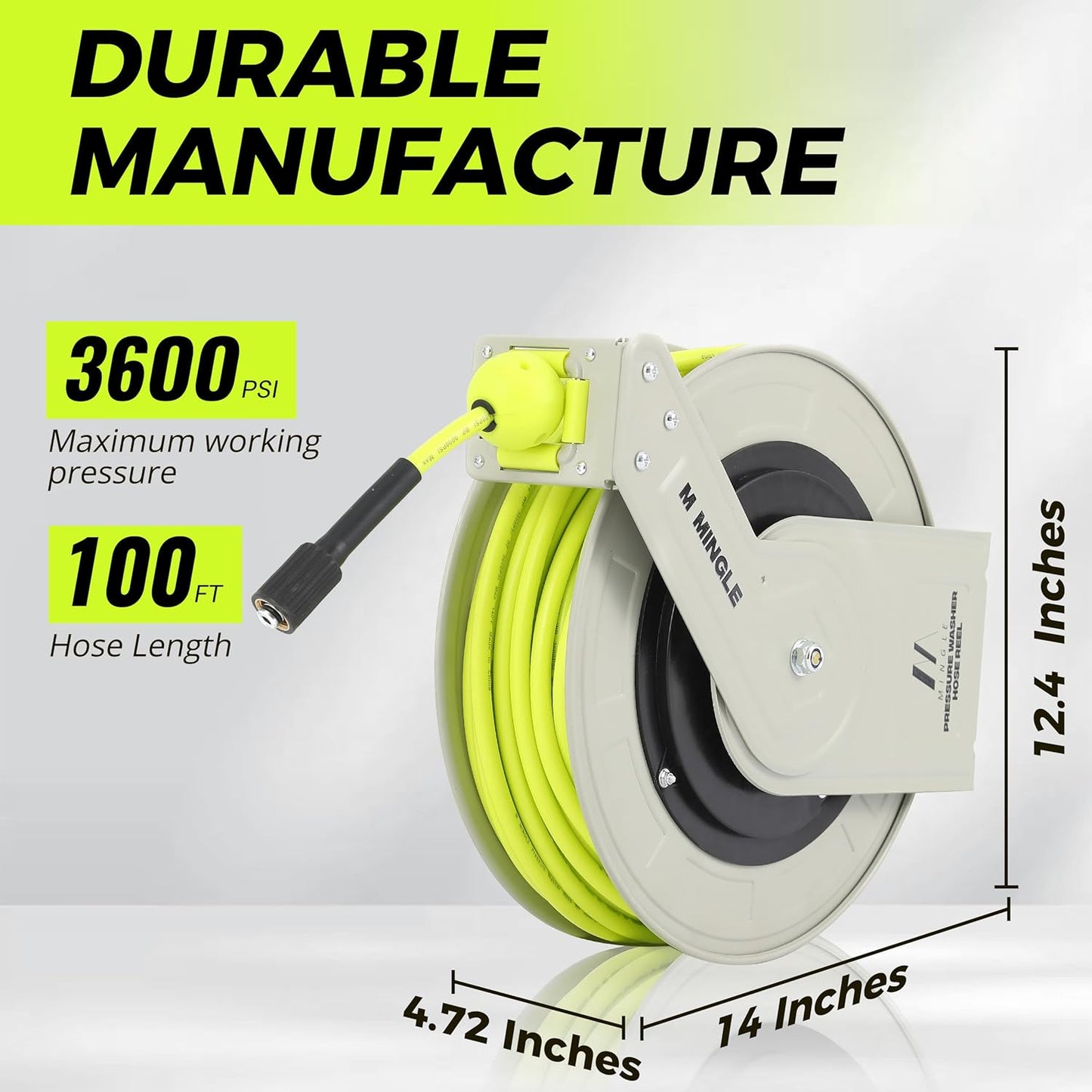 Retractable Pressure Washer Hose Reel, 1/4" × 60ft Power Washer Hose Reel, Auto Rewind Hose Reel, Wall/Floor Mounted, 3600 PSI