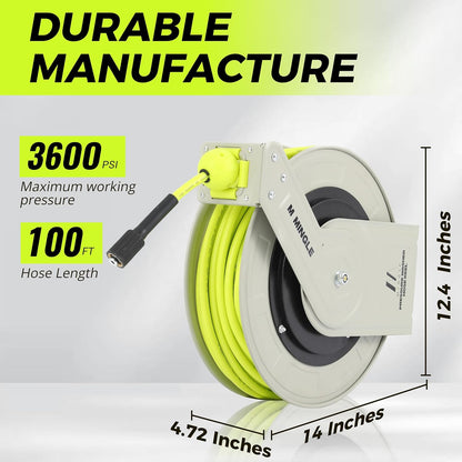 Retractable Pressure Washer Hose Reel, 1/4" × 60ft Power Washer Hose Reel, Auto Rewind Hose Reel, Wall/Floor Mounted, 3600 PSI