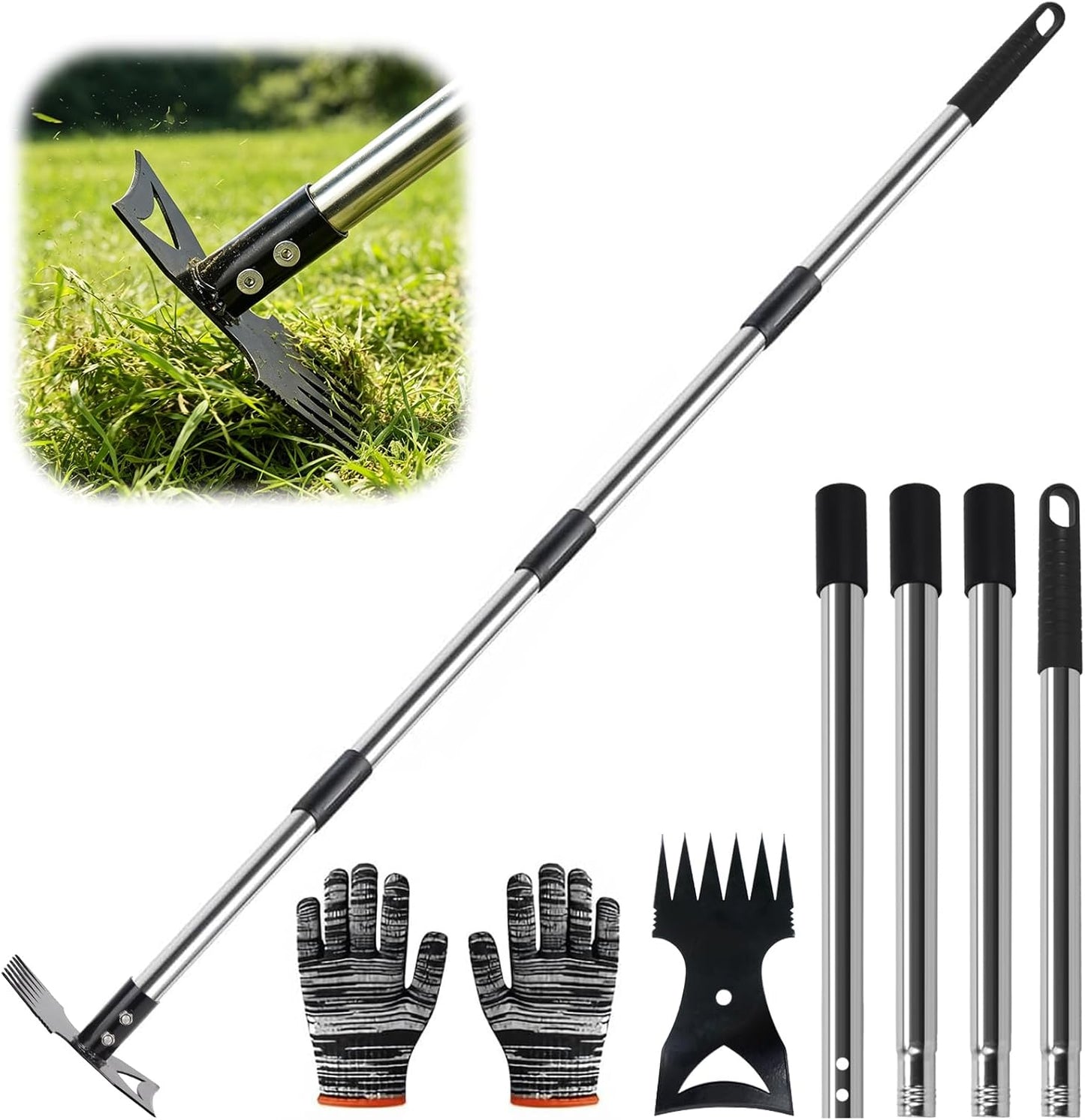 Weed Puller Tool with Long Handle – 58" Manual Weeder Remover Tool, 2-in-1 Handle Garden Hoe and Weed Rake, Hoe Garden Tool, Uprooting Weeding Tool for Yard, Lawn, Patio and Garden