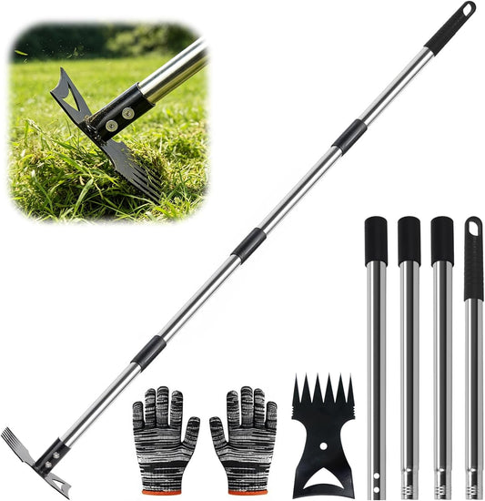 Weed Puller Tool with Long Handle – 58" Manual Weeder Remover Tool, 2-in-1 Handle Garden Hoe and Weed Rake, Hoe Garden Tool, Uprooting Weeding Tool for Yard, Lawn, Patio and Garden